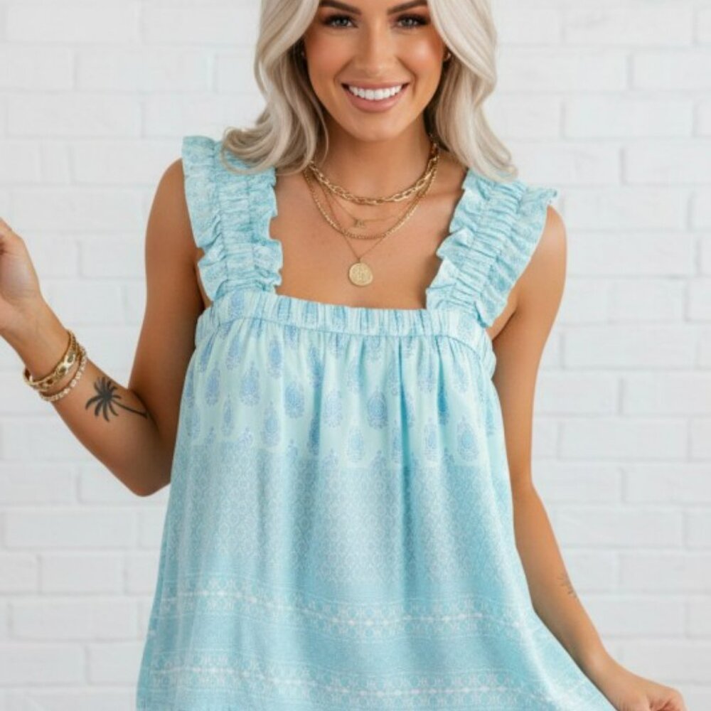 Boho Ruffle Wide Strap Loose Tank Top Sky Blue